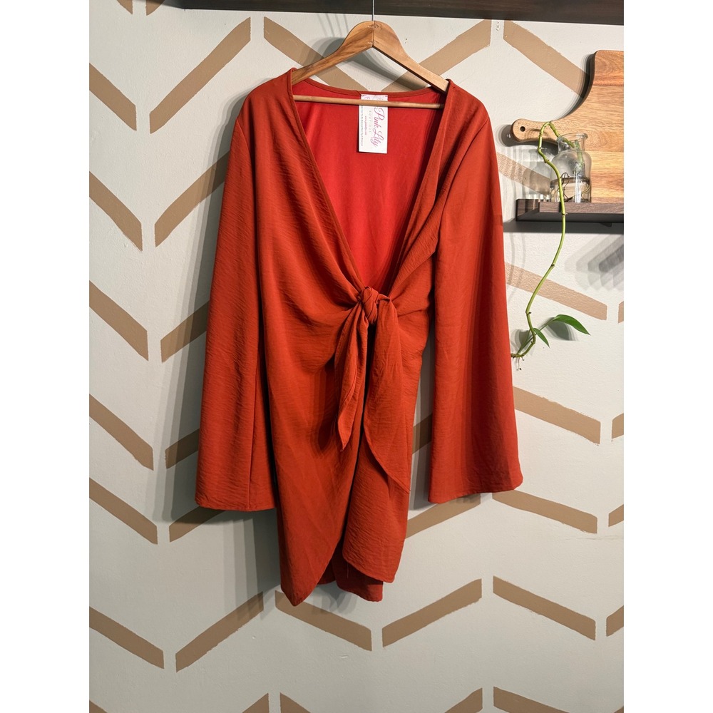 Pink Lily Be Your Forever Dress Womens Large Rust Orange Tie Front Bell Sleeve
